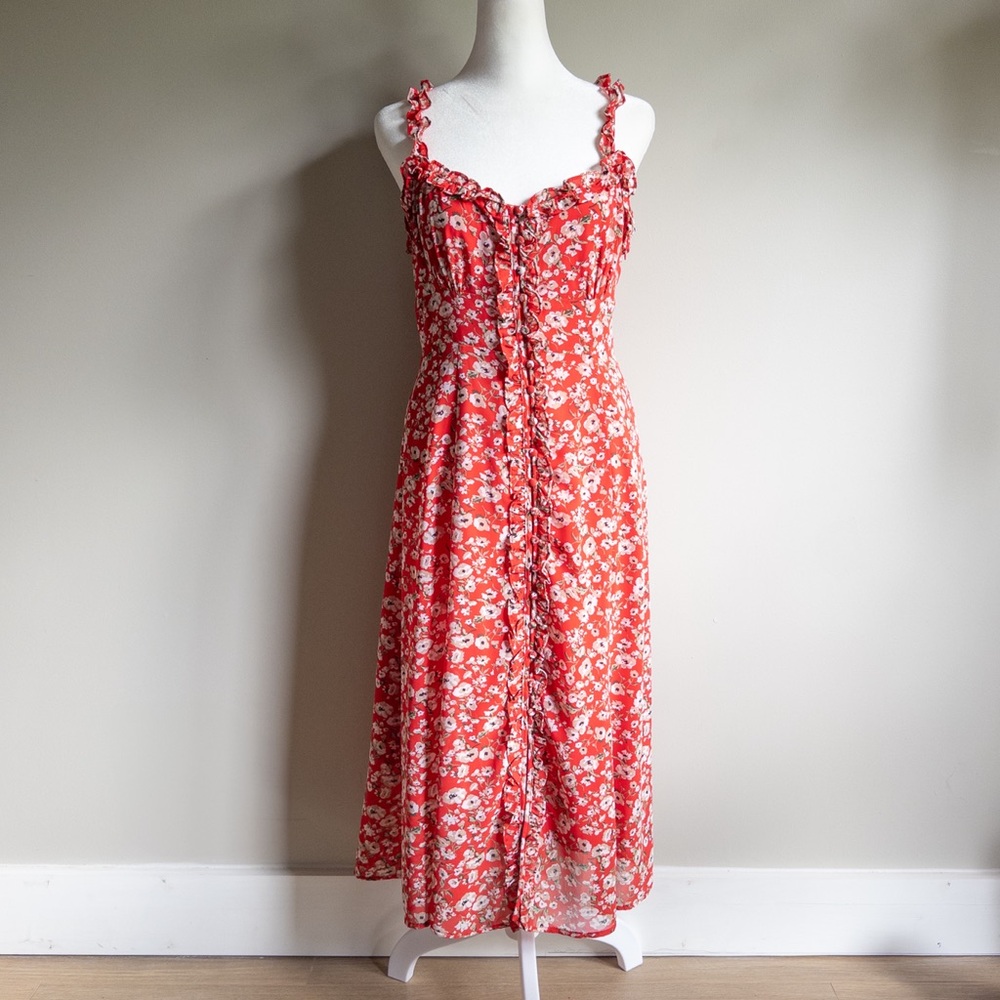 Nordstrom Floret Studios‎ Floral Button Front Red Women's Dress MIDI Size Small - Picture 5 of 10